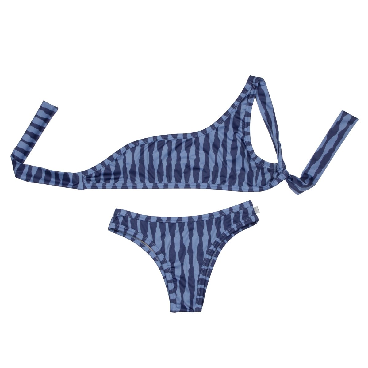 One - Shoulder Woman Bikini Irregular Stripes Blue - Suuky Porto