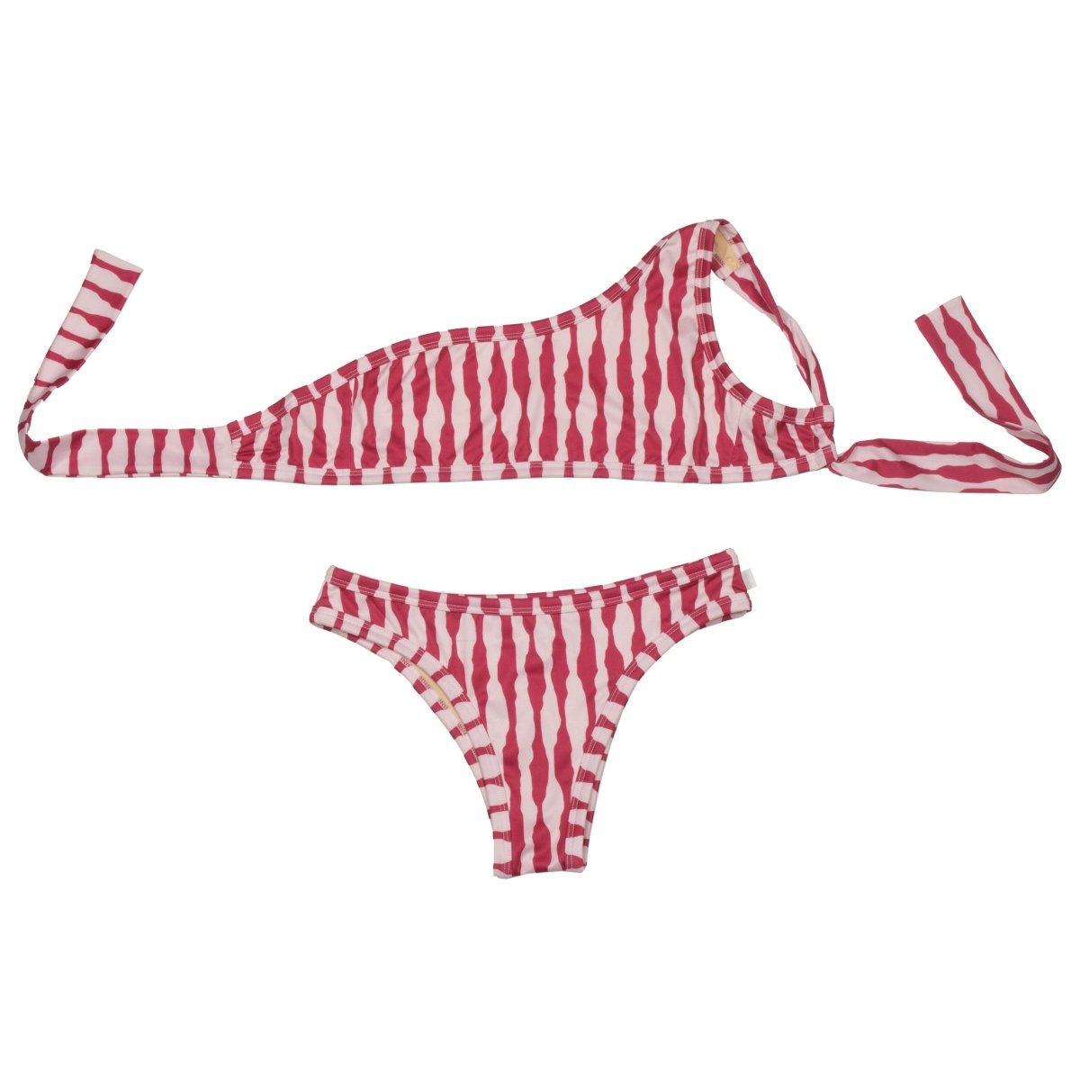 One - Shoulder Woman Bikini Irregular Stripes Pink - Suuky Porto