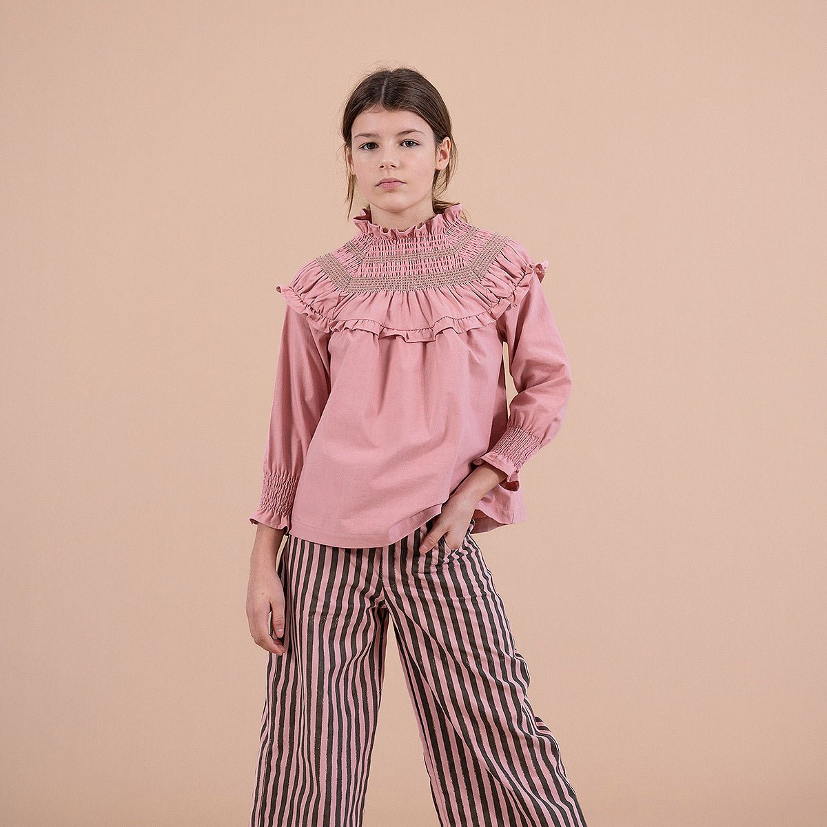 Deluxe Woven Rose Tan Embroidered Blouse - Tops Suuky Porto