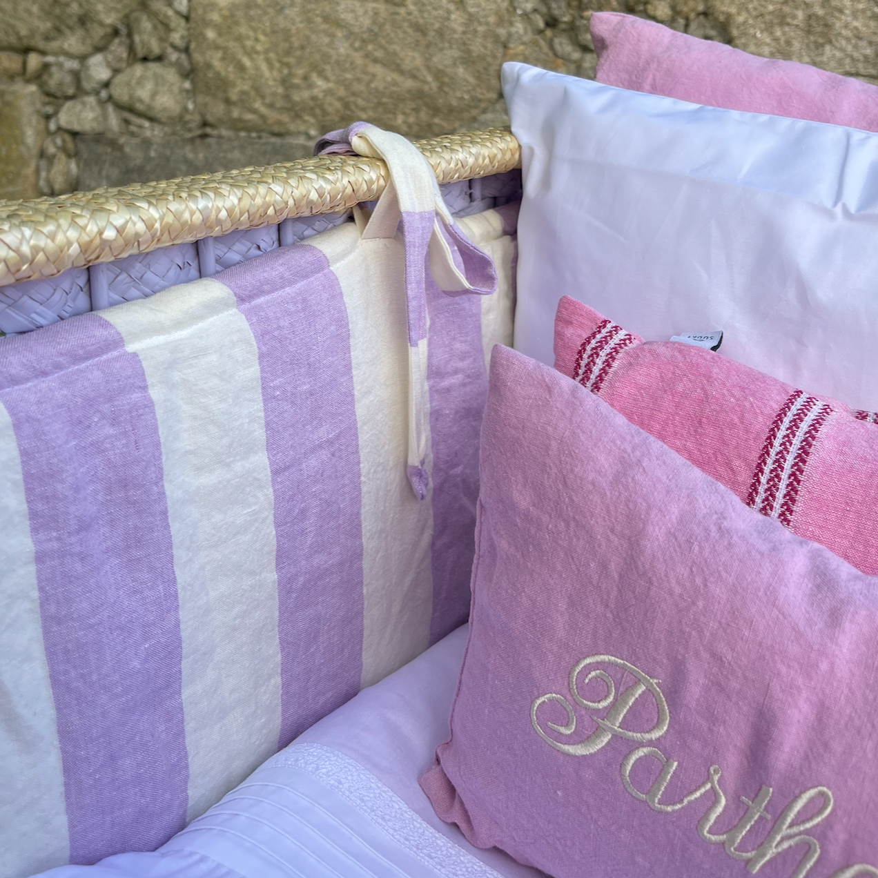 Large Stripe Bumper 100% Linen for Vintage Crib