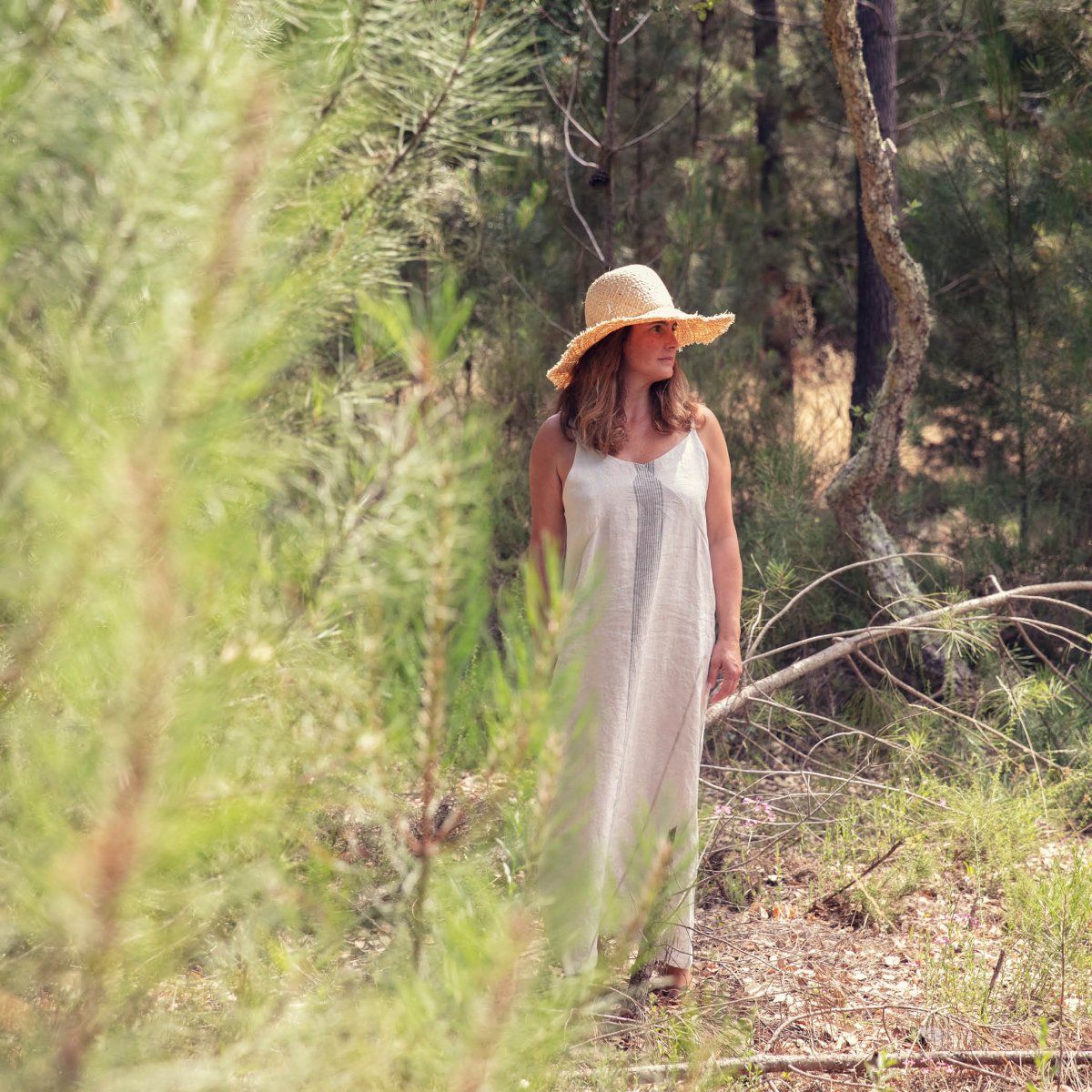 Linen Large Stripe Woman Strap Dress - Suuky Porto